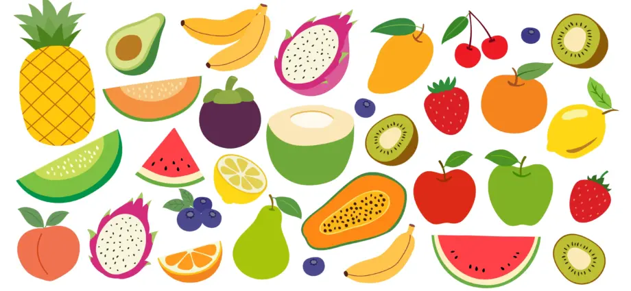 98285786 Set of Summer Fruits Illustration Background Collection of Different Tropical Fruits (1)
