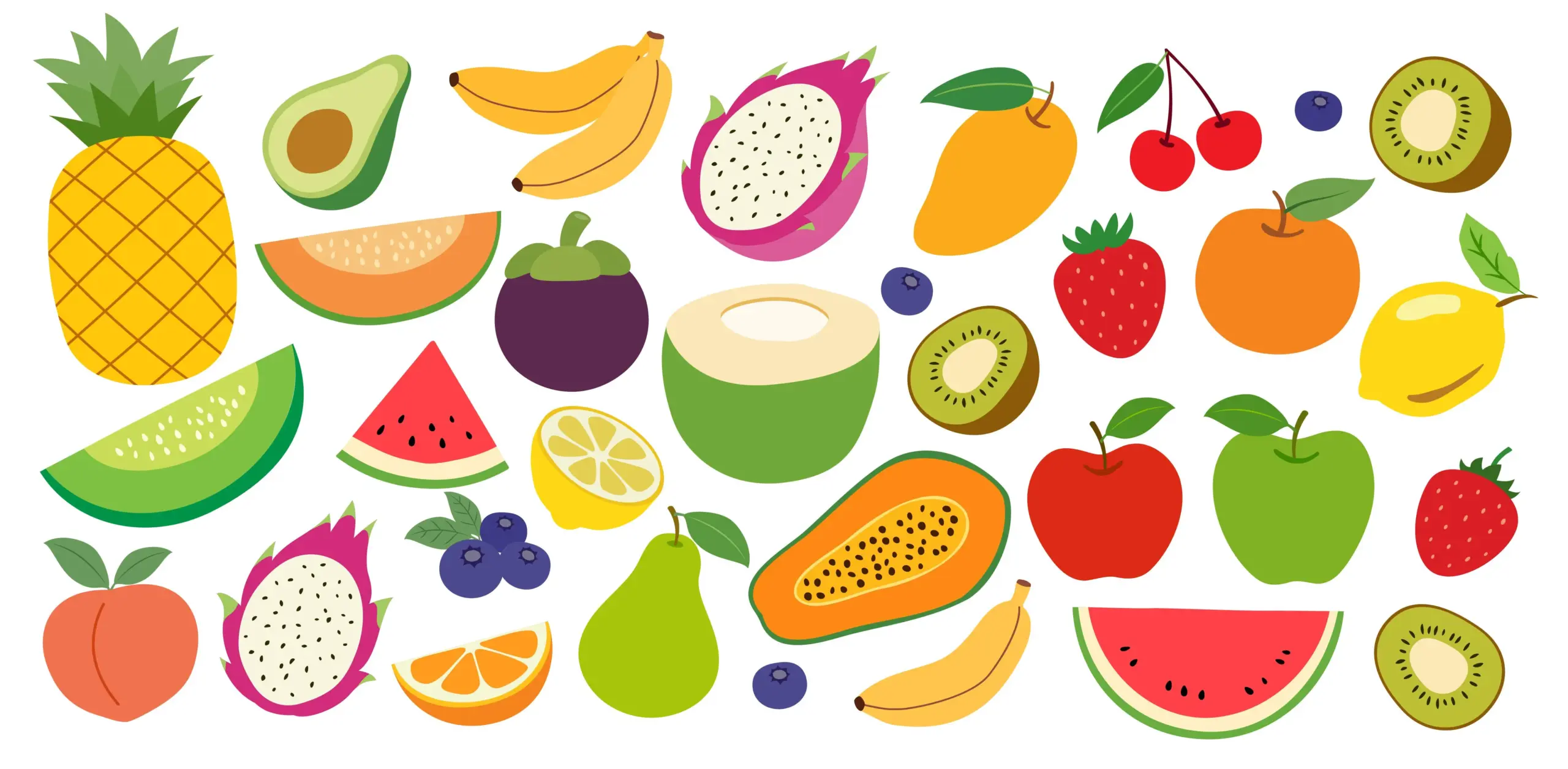 98285786 Set of Summer Fruits Illustration Background Collection of Different Tropical Fruits (1)